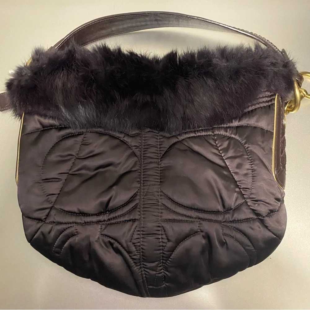 EUC Vintage Coach Brown Rabbit Fur Nylon Quilted Hobo Bag - Limited Edition - Picture 4 of 13